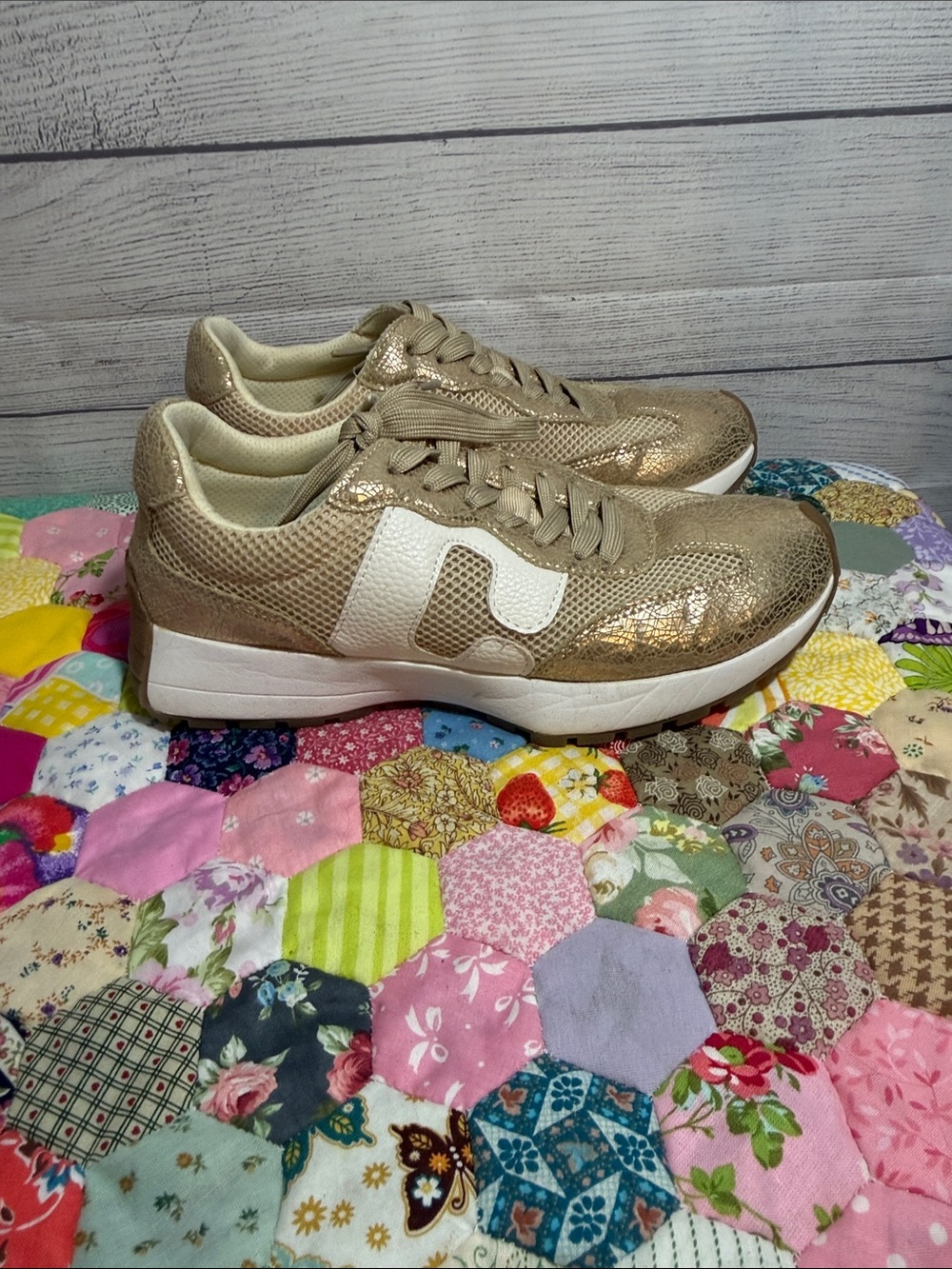 Metallic Gold Women's Lace-Up Sneaker with White Side Accent